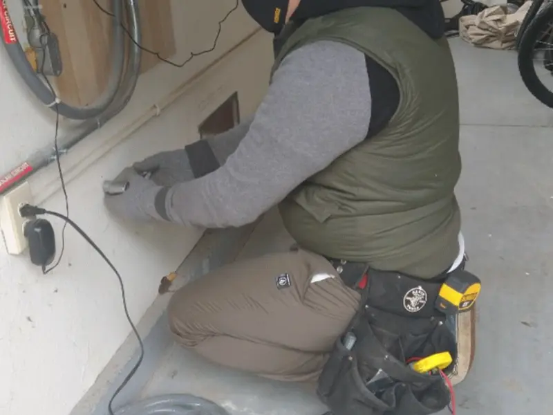 Electrician performing outlet wiring in a London Grove garage